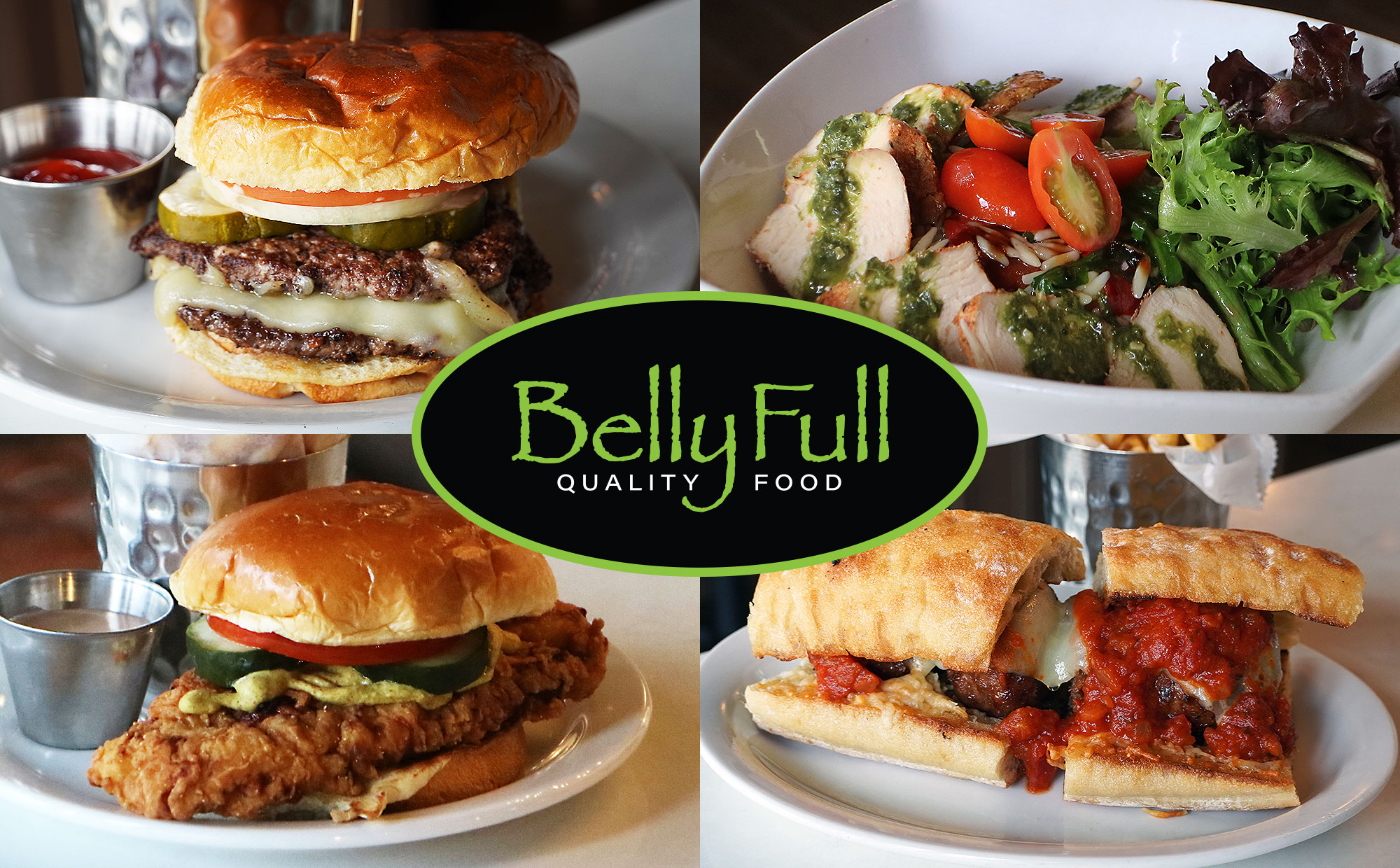 BellyFull Original Steakburger, Hoosier Tenderloin, Lime Honey Cilantro Chicken Salad, Meatball Sub